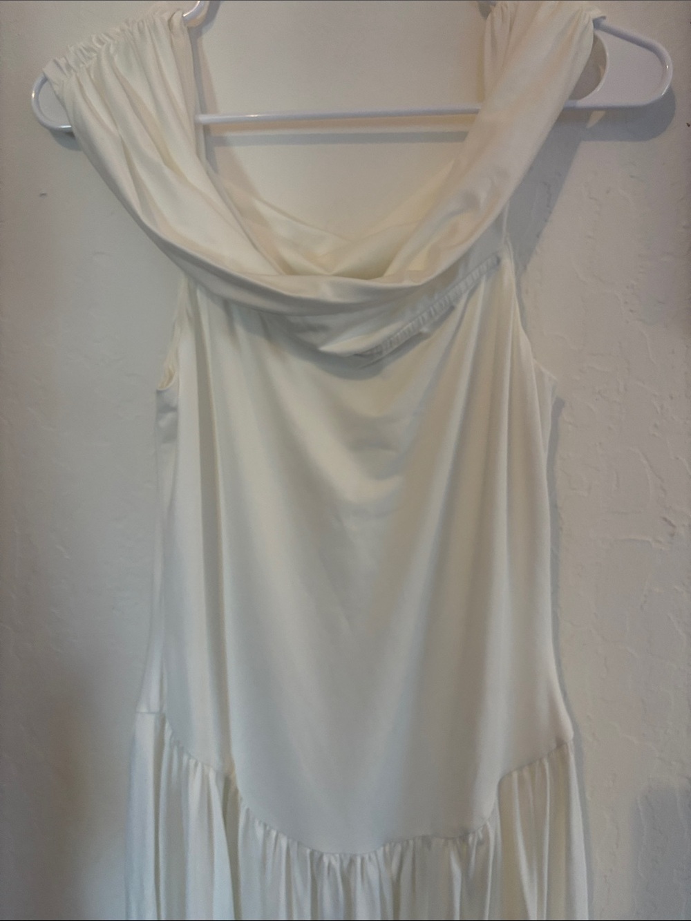 Elegant Women's White Cream Maxi Dress with Draped Neckline